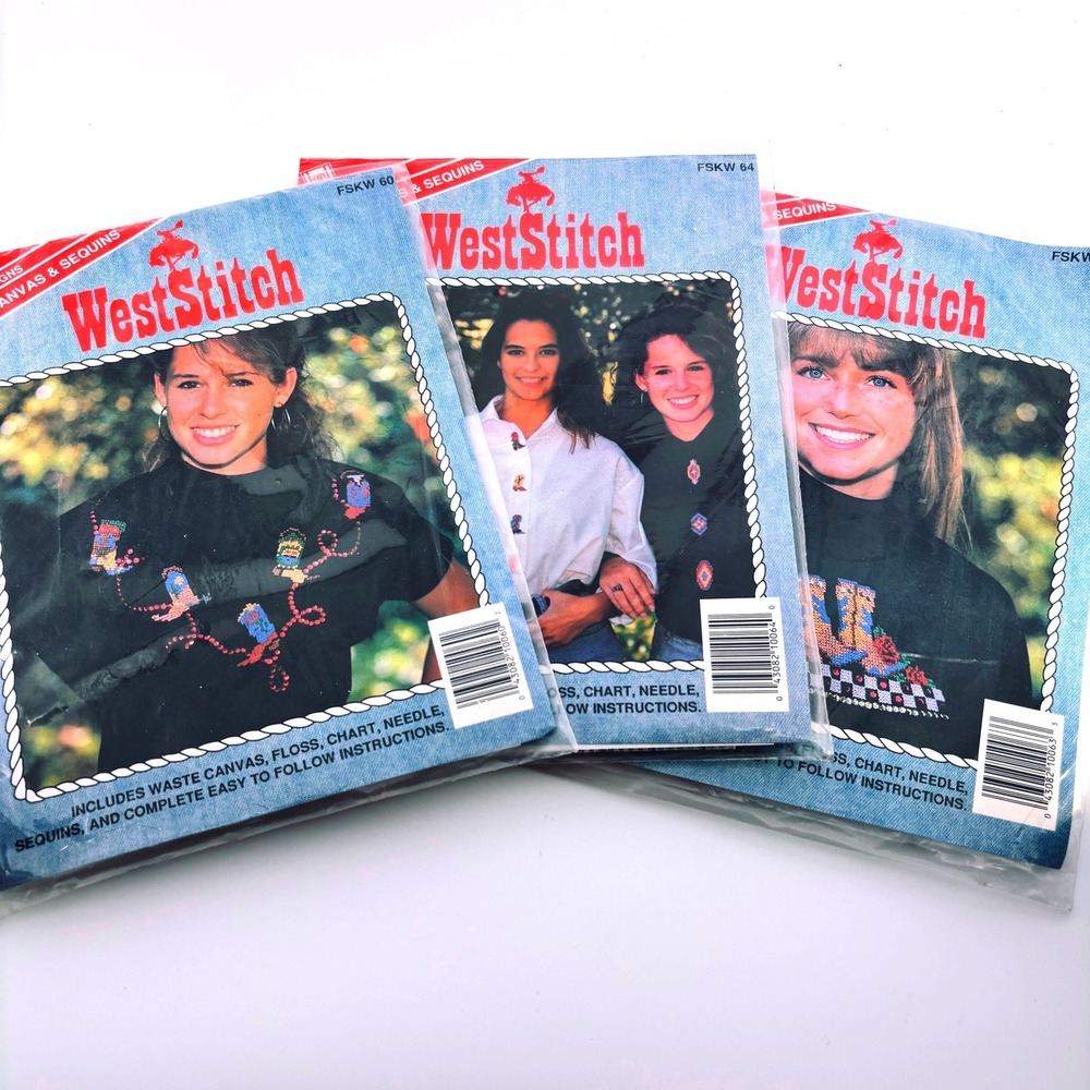 WestStitch Set of 3 Western CrossStitch Garment Embelish Kits Sequins Cowgirl